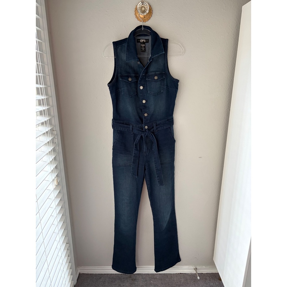 Rewash Womens Denim Sleeveless Jumpsuit Dark Wash Button Front Tie Waist Size M
